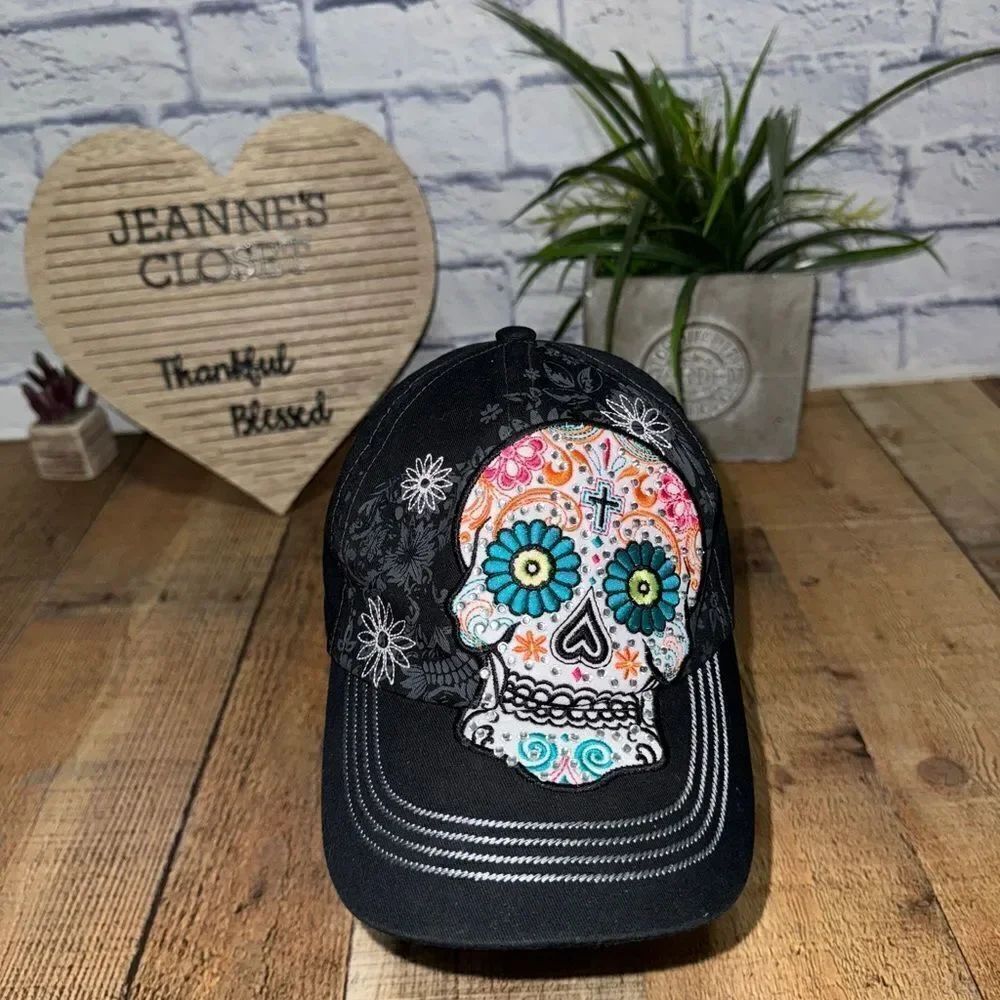 Sugar skull rhinestone bling baseball cap hat
